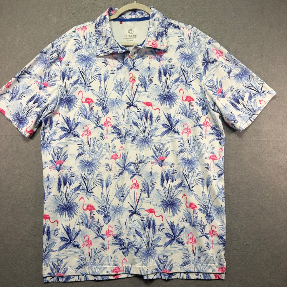Scales Gear Mens Large Flamingo Tropical Performance Polo Shirt Blue Pink White